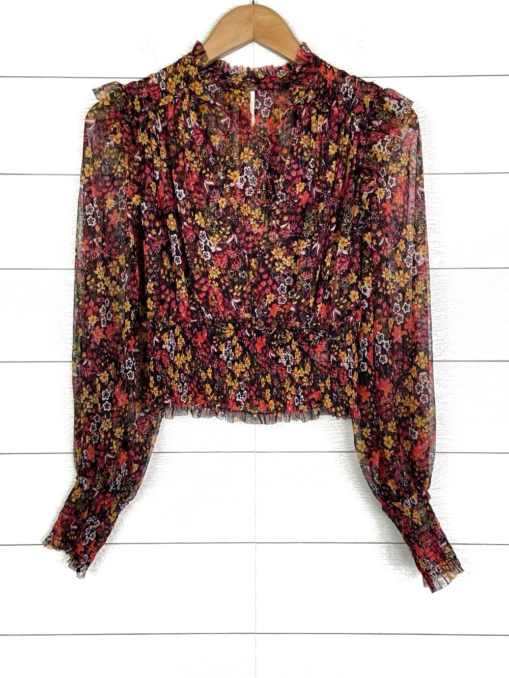 FREE PEOPLE Twyla Cropped Floral Top Sheer Mesh Ruffle Smocked Boho Small